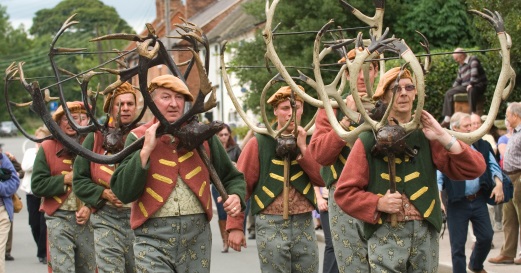 Abbots Bromley Horn Dancers Parade Down the Main Street