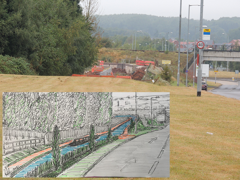 Before photo and artist's impression of the completed canal and hedgerow