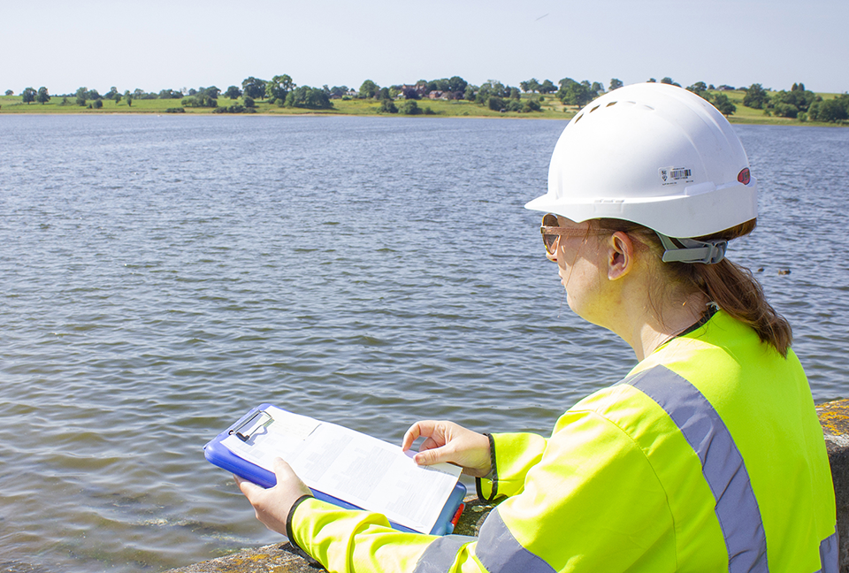 image of worker surveying a reservoir