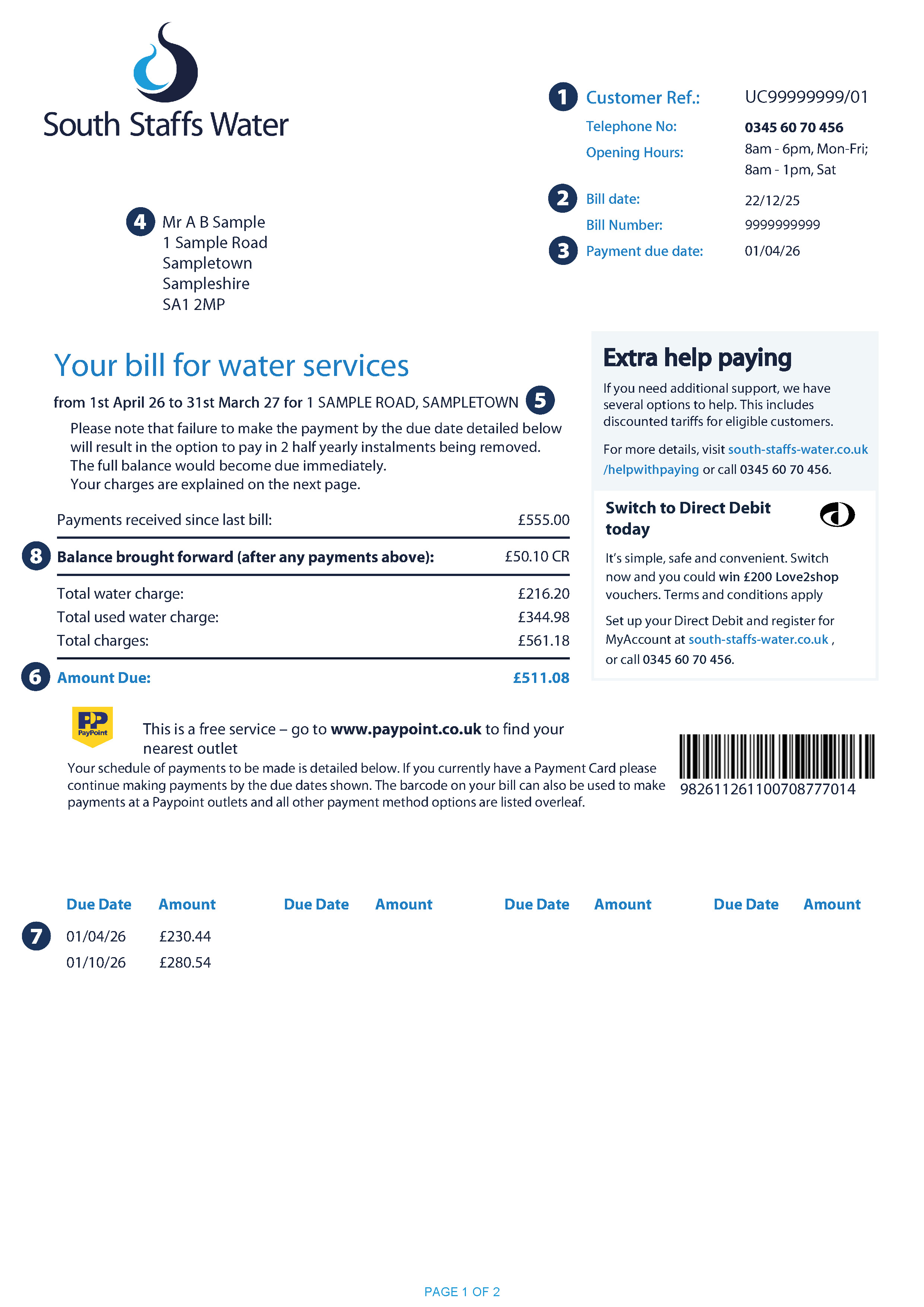 Example of page 1 of an unmeasured bill for a South Staffs Water customer