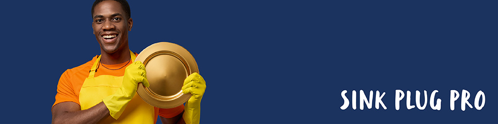 A man holding an oversized plug titled 'the sink plug pro'
